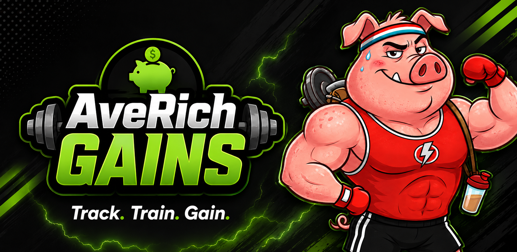 AveRich Gains feature graphic met Fit Piggy en appschermen